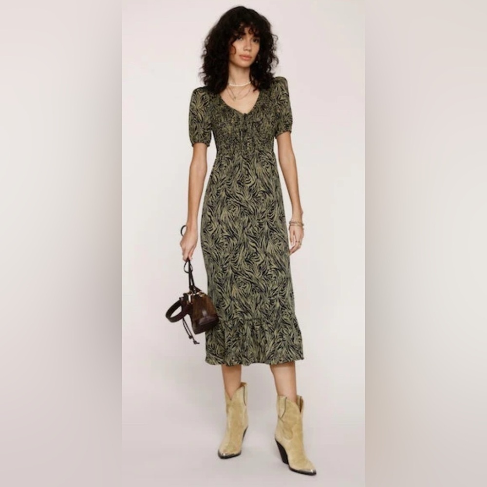 Heartloom Candid Green Black Animal Print Puff Sleeve Midi Dress Size M NWOT